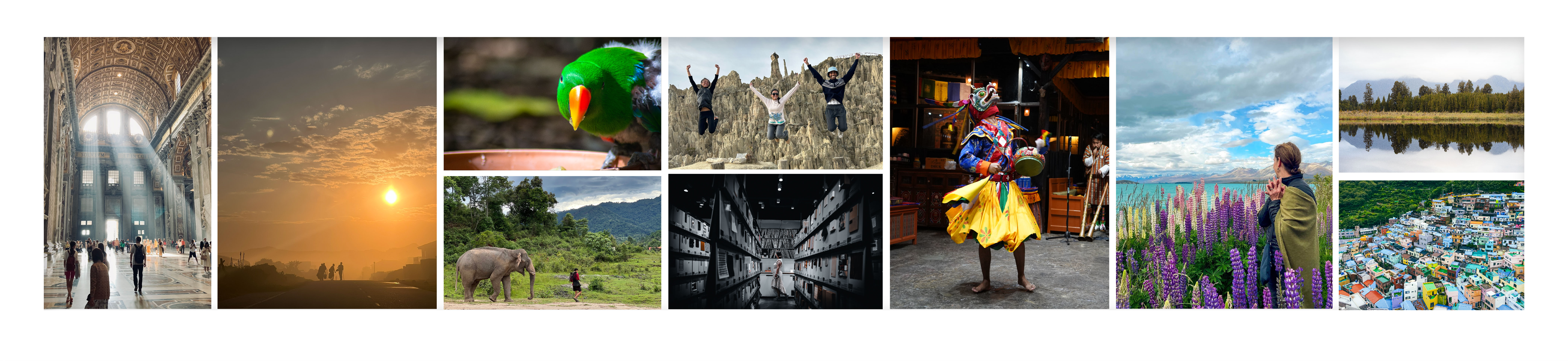 Collage photo with multiple students on study abroad programs. All photos are finalists for the 2023 photo contest. Photos range from iconic places to students having fun.