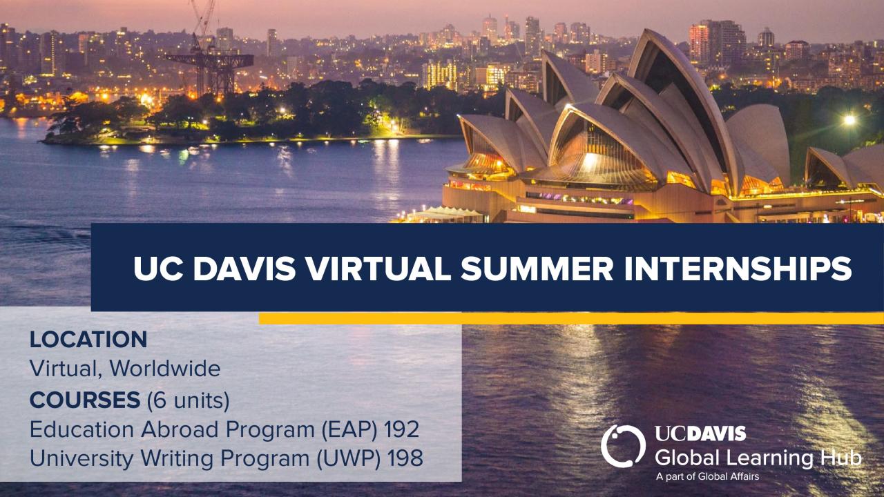 A sunset view of the Sydney Opera House illuminated against the water, with a city skyline and construction cranes in the background. In the foreground, a banner reads: 'UC Davis Virtual Summer Internships' in large white text on a dark blue background. Below it, details are provided: 'Location: Virtual, Worldwide' and 'Courses (6 units): Education Abroad Program (EAP) 192, University Writing Program (UWP) 198'. The UC Davis Global Learning Hub logo is placed in the lower right corner.