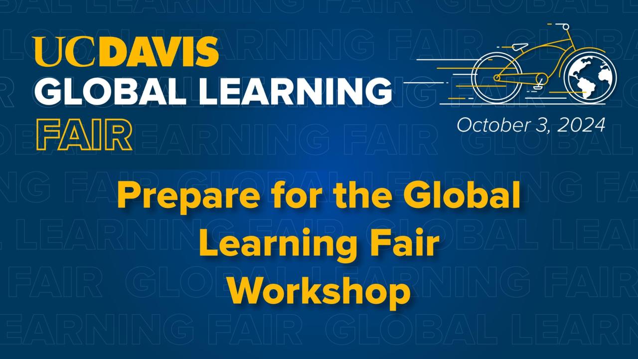 A promotional graphic for a workshop titled 'Prepare for the Global Learning Fair.' The text at the top reads 'UC Davis Global Learning Fair' with the word 'Fair' in a yellow outline. Below, in bold yellow text, it says 'Prepare for the Global Learning Fair Workshop.' To the right, there is an illustration of a bicycle with a globe as the rear wheel, followed by the date 'October 3, 2024.' The background is teal with the words 'Global Learning Fair' faintly repeated throughout.
