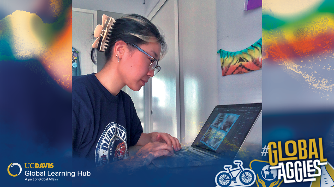 Photo of a student in front of her computer participating in global internship