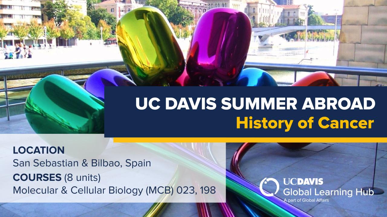 Graphic with text: "UC Davis Summer Abroad Spain History of Cancer"
