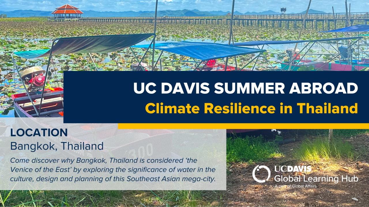 A promotional banner for UC Davis Summer Abroad featuring a water landscape with small boats covered by canopies, and a pavilion in the distance, surrounded by lily pads and wetlands. The main text reads: 'UC Davis Summer Abroad: Climate Resilience in Thailand.' Below, it lists the location as Bangkok, Thailand, and invites students to 'Come discover why Bangkok, Thailand is considered "the Venice of the East" by exploring the significance of water in the culture, design, and planning of this Southeast Asia