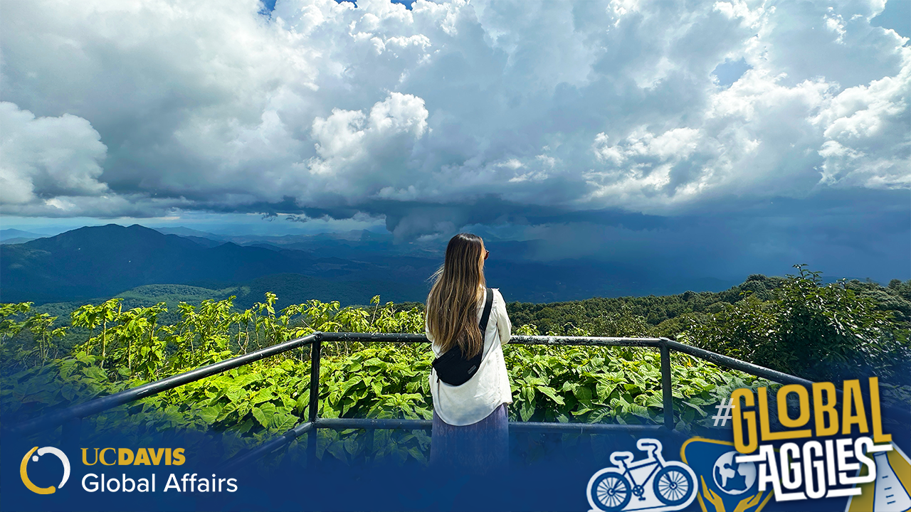 Student looking out over a see a of green trees. It is a very cloudy day. A graphic is at the bottom with text: Global Aggies.