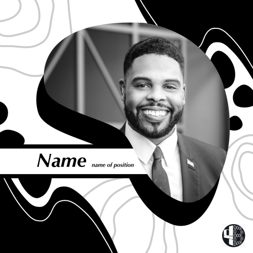 Graphic with man smiling. Text: Name, Name of position