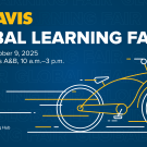 UC Davis Global Learning Fair promotional graphic with event details and a bicycle design incorporating a globe. At the bottom left, a smaller icon and text read "UC DAVIS Global Learning Hub, A part of Global Affairs."