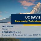 A UC Davis Global Learning Hub banner promoting the "Quarter Abroad" program in Nepal. The image shows a prominent Himalayan peak with a bright sky and soft clouds, with text detailing the program's focus on community, technology, and sustainability. Course information and location are also displayed on the banner.