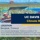 A promotional banner for UC Davis Summer Abroad featuring a water landscape with small boats covered by canopies, and a pavilion in the distance, surrounded by lily pads and wetlands. The main text reads: 'UC Davis Summer Abroad: Climate Resilience in Thailand.' Below, it lists the location as Bangkok, Thailand, and invites students to 'Come discover why Bangkok, Thailand is considered "the Venice of the East" by exploring the significance of water in the culture, design, and planning of this Southeast Asia
