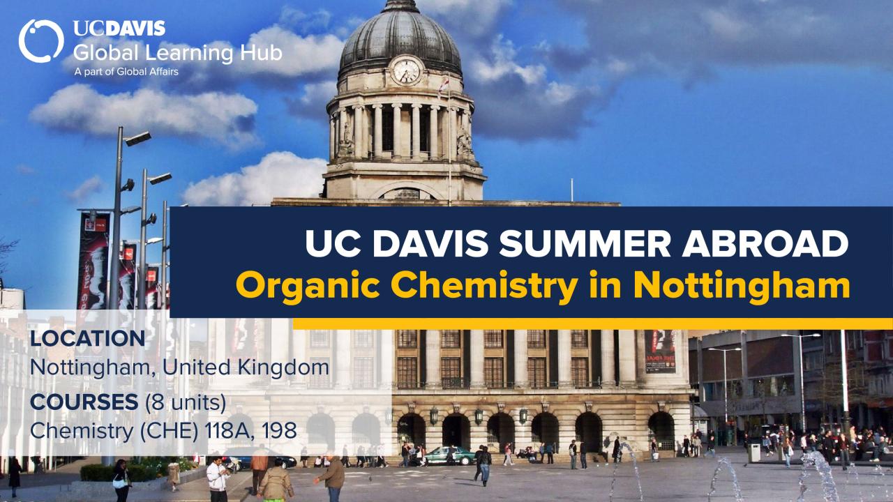A promotional banner for UC Davis Global Learning Hub's Summer Abroad program titled 'Organic Chemistry in Nottingham.' The image shows Nottingham’s Council House building with its iconic dome under a bright blue sky. The program details are displayed, including the location: Nottingham, United Kingdom, and the courses offered: Chemistry (CHE) 118A and 198, totaling 8 units. The UC Davis logo and Global Learning Hub branding are at the top left..