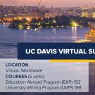 UC Davis Global Learning Hub banner for Virtual Summer Internships. The background shows the Sydney Opera House at dusk, illuminated against the city skyline and reflecting on the harbor. Text details program location as virtual, worldwide, and lists courses EAP 192 and UWP 198.